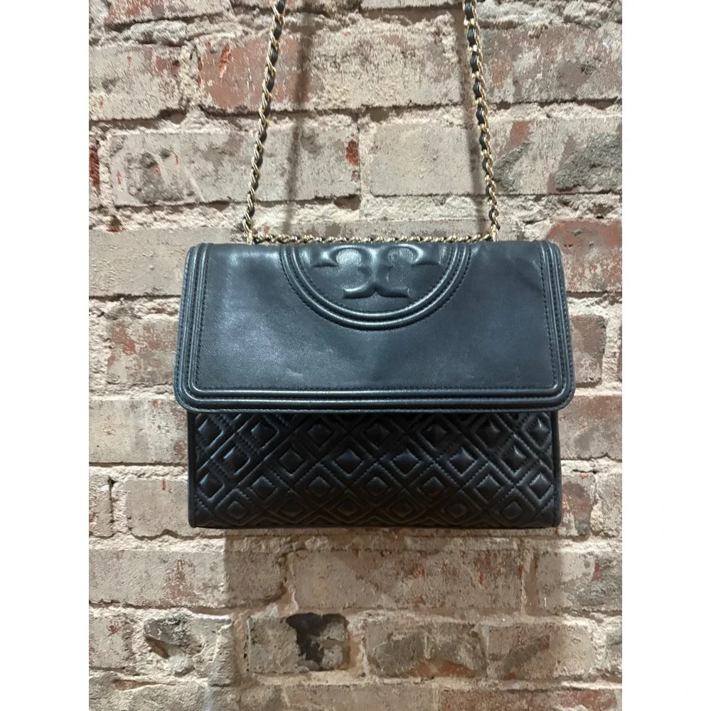 Tory Burch Fleming Convertible Shoulder Bag Black Leather Medium